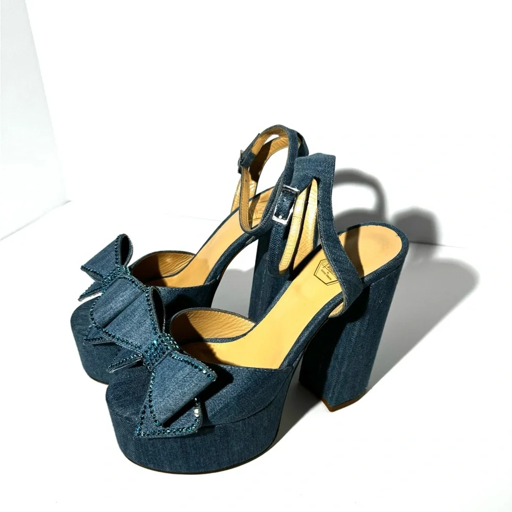 Nalebe by Amina Means Upendi denim crystal bow Platform sandals 39.5=9.5